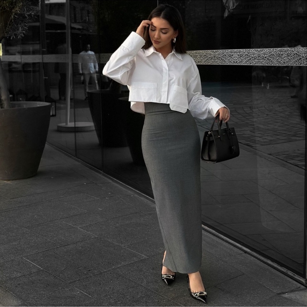 Zara Gray Midi Pencil Skirt ZW Collection